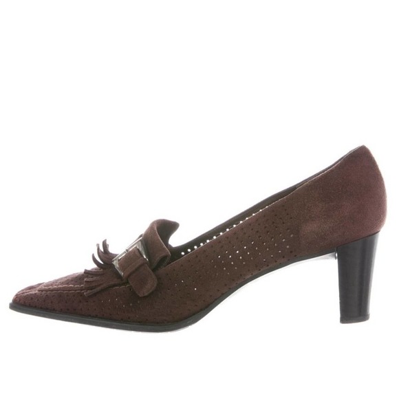 Stuart Weitzman Suede Pumps Square Toe Fringe Brown Buckle Size 8 Narrow - Picture 3 of 9